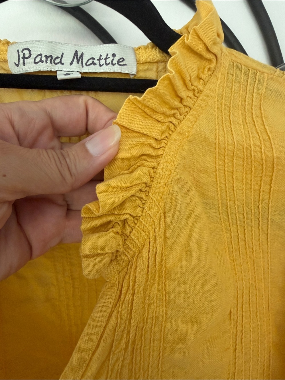 JP and Mattie Mustard Ruffle V-Neck Button Blouse - Picture 5 of 7